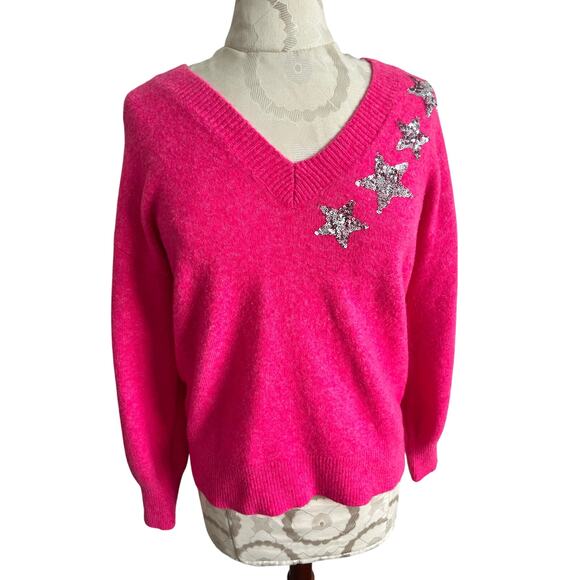 Loft Women’s Hot Pink V-neck Sequin Stars Sweater Small - Picture 1 of 9